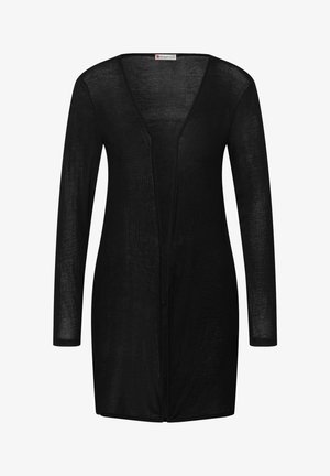 Černý lehký kardigan s dlouhým rukávem, otevřeným předním dílem, jemnou pletenou texturou a délkou sahající ke kolenům.