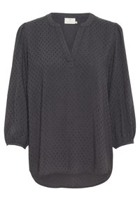 Zwarte blouse met een V-hals, ballonmouwen en textuurpunten over de stof. Zachte stof met een iets losse pasvorm en een gebogen zoom.