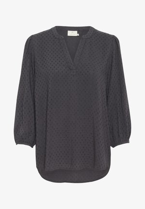 Juoda bluzonė su V formos iškirpte, pūkuotomis rankovėmis ir tekstūriniais taškais visame paviršiuje. Minkšta medžiaga, šiek tiek laisvas kirpimas ir kreivė apatinėje dalyje.