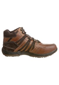 Brown leather high-top shoes with dark grey accents, lace-up design, textured panels, and a black rubber sole. Reinforced eyelets and stitching detail.