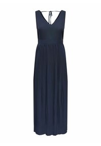 Navy pleated maxi dress in a smooth fabric with a V-neckline and adjustable tie straps. Features a fitted bodice with a flowing skirt.