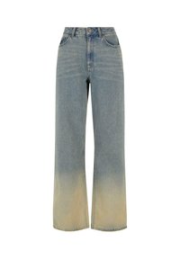 Jeans de tiro alto y pierna ancha en denim azul claro con un desvanecido a beige en el dobladillo. Incluye bolsillos frontales y cierre de botón.