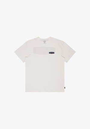 T-shirt en coton blanc avec un col ras-du-cou, des manches courtes et un logo graphique rectangulaire en bleu et rouge sur le devant.