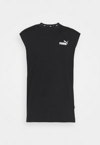 Canottiera nera senza maniche in cotone, con collo rotondo, un collo a coste discreto e un logo Puma bianco sul petto.