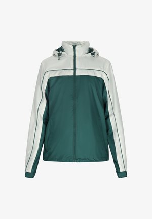 Groene en witte waterdichte jas met een rits aan de voorkant, verstelbare capuchon, twee zijzakken en contrasterende piping langs de naden.