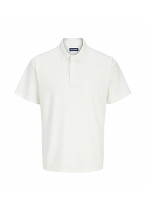 Valge lühikeste varrukatega polosärk, millel on krae ja peidetud nööbid ning Jack & Jonesi silt kaeluse sees.