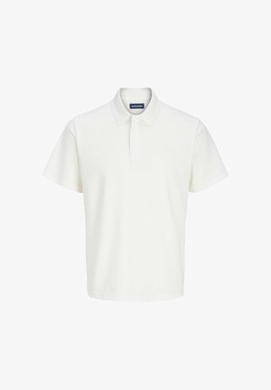 Valge lühikeste varrukatega polosärk, millel on krae ja peidetud nööbid ning Jack & Jonesi silt kaeluse sees.