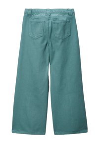 Pantalons larges teal avec deux poches arrières, passants de ceinture et taille haute, montrés de dos sur un fond blanc.