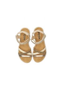 Sandali beige con accenti dorati metallici e cinturini con stampa leopardata. Suola piatta con soletta imbottita, cinturino alla caviglia regolabile e dettagli cuciti.
