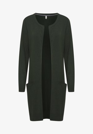 Dolga, odprta bunda v temno zeleni barvi z pleteno teksturo, ki ima dva sprednja žepa in rebraste manšete.