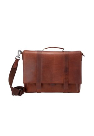 Bolso mensajero de cuero marrón con solapa frontal, dos correas verticales, asa superior y correa de hombro ajustable con cierre metálico.