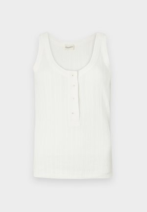 White tank top made of ribbed fabric featuring a scoop neckline and five button closure at the front. No patterns or accents.