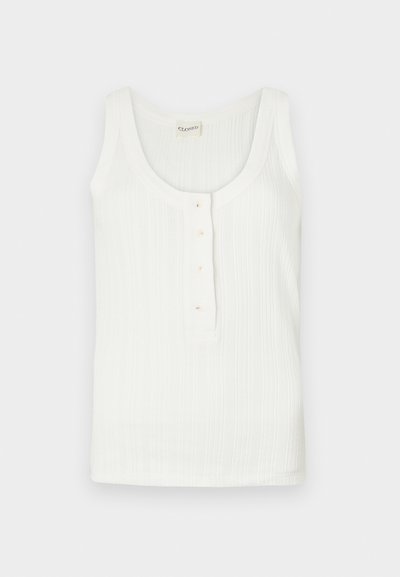 White tank top made of ribbed fabric featuring a scoop neckline and five button closure at the front. No patterns or accents.