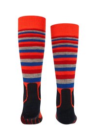 Calcetines hasta la rodilla con un diseño de rayas en rojo, azul, gris y negro. Fabricados con material suave y con secciones de talón y punta reforzadas.
