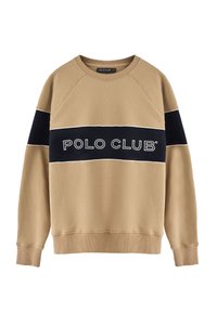 Felpa in cotone marrone chiaro con striscia orizzontale blu navy. Logo "POLO CLUB" ricamato sulla striscia. Polsini e orlo a coste. Vestibilità classica.