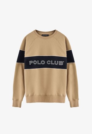 Felpa in cotone marrone chiaro con striscia orizzontale blu navy. Logo "POLO CLUB" ricamato sulla striscia. Polsini e orlo a coste. Vestibilità classica.