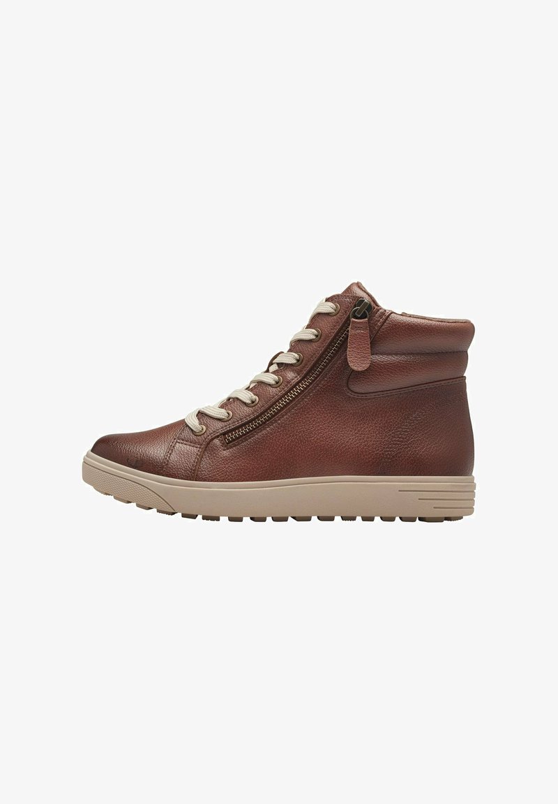 Baskets montantes en cuir marron avec semelle beige, fermeture éclair sur le côté et lacets crème. Tige texturée avec col rembourré et capuchon en caoutchouc à l'avant.