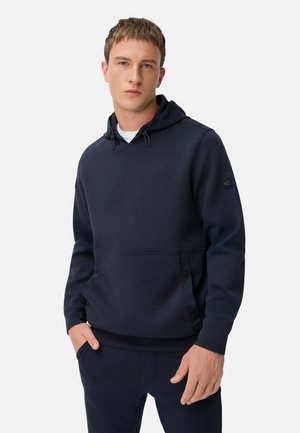 Marineblaues Hoodie aus glattem Stoff mit verstellbarem Kordelzug an der Kapuze, Kängurutasche und dezentem Logo-Detail auf der Brust und dem Ärmel.