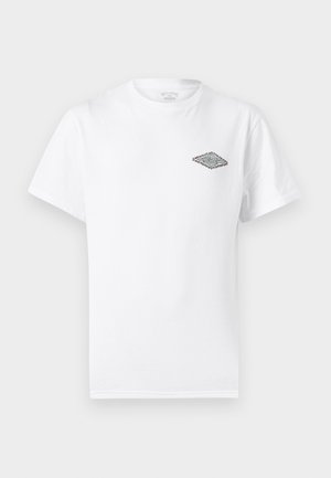 White short-sleeve crew neck T-shirt with a small diamond-shaped graphic on the upper left chest featuring a stylized wave design.