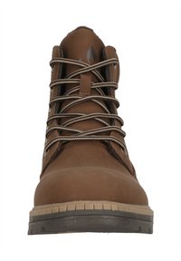 Bottine en cuir marron avec œillets en métal, bout rond, lacets beige contrastants, semelle texturée et semelle extérieure en caoutchouc durable.