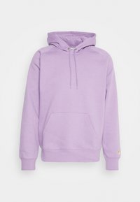 Felpa viola con tasca a canguro, cappuccio con cordino e polsini a coste. Realizzata in materiale morbido, presenta cuciture cucite e un piccolo logo decorativo.