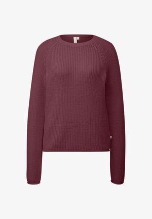 Burgundski pleteni pulover s dugim rukavima, rebrastom teksturom, okruglim izrezom i opuštenim krojem. Oznaka vidljiva na vratu.