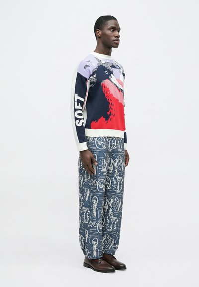 Πλεκτό πουλόβερ με πολύχρωμο γραφικό σχέδιο και το κείμενο "SOFT", συνδυασμένο με μπλε παντελόνι με σχέδια, φαρδύ και καφέ παπούτσια.