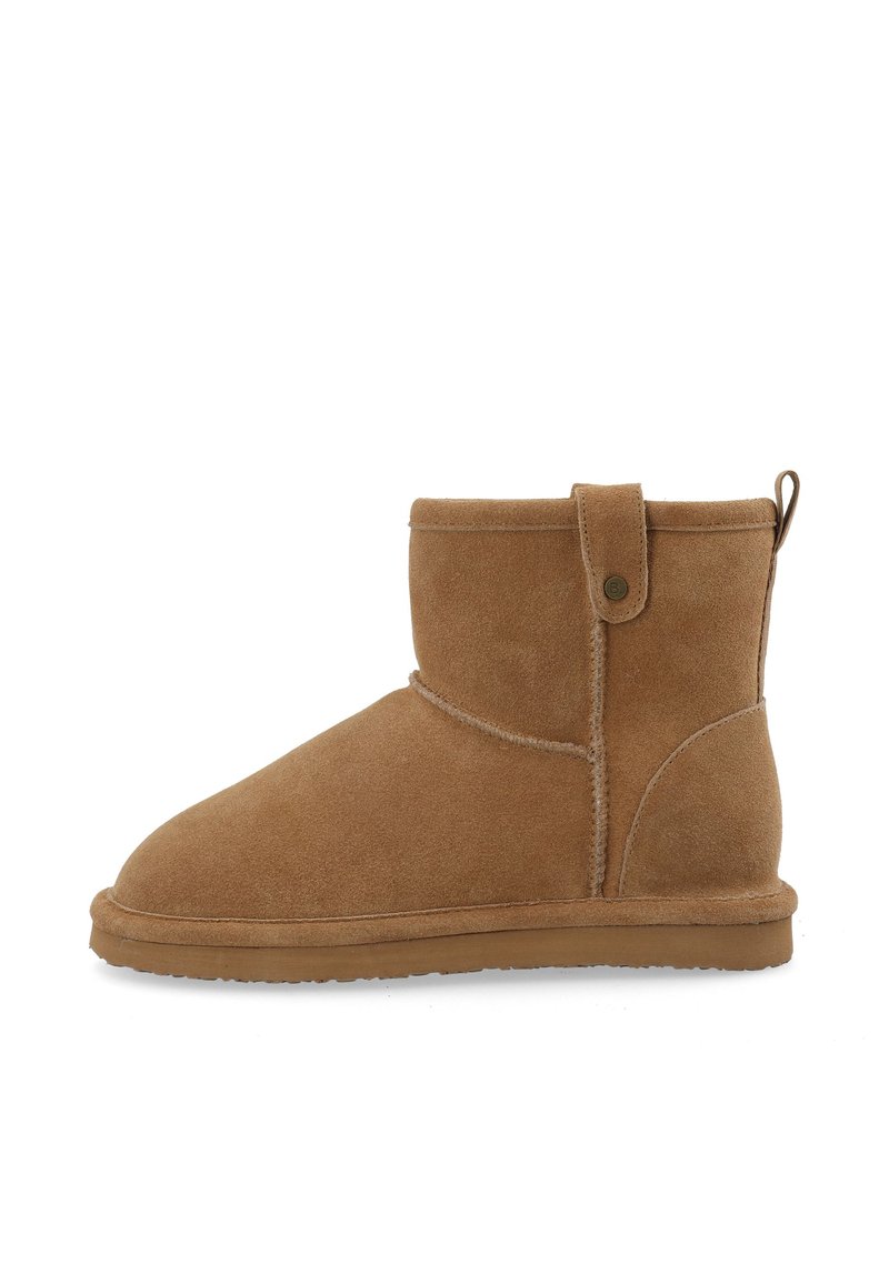 Brown suede ankle boots with a rounded toe, a side button detail, and a looped pull tab at the back for easy wear. Flat rubber sole.
