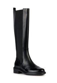 Stivale alto in pelle nera con pannelli laterali elasticizzati, punta testurizzata e tacco basso impilato. Finitura liscia e design sagomato.