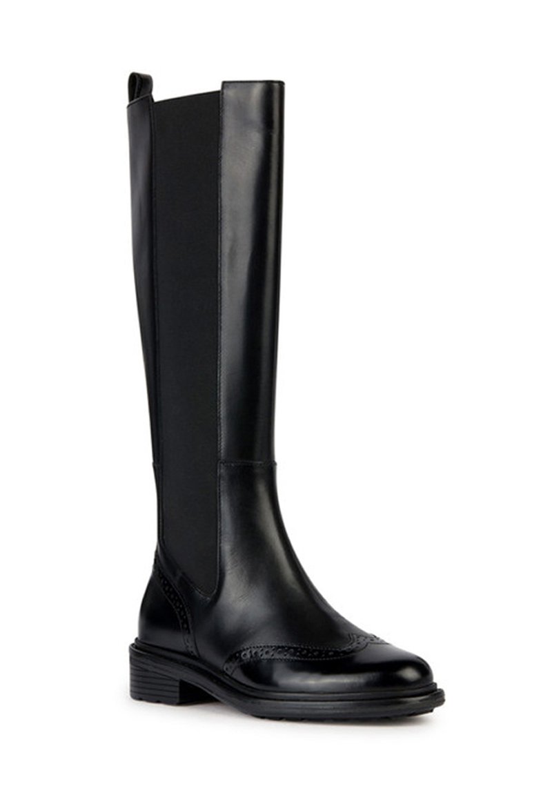 Schwarze Lederstiefel bis zum Knie mit elastischen seitlichen Einsätzen, strukturiertem Zehenkappen und niedrigem Blockabsatz. Glatte Oberfläche und konturiertes Design.