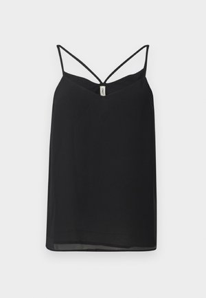 Musta ilmanhihaisia paita, jossa on V-päänteinen kaula-aukko, takana ohuet ristikkäin kulkevat hihnat. Kevyt, sileä materiaali ja laineileva siluetti.