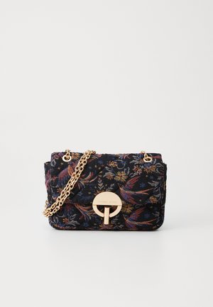 Small black fabric purse with colorful floral and bird embroidery, gold circular clasp, and gold chain strap.