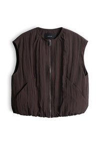 Sleeveless dark brown zip-up vest with round neckline and two side pockets, made of textured lightweight fabric.