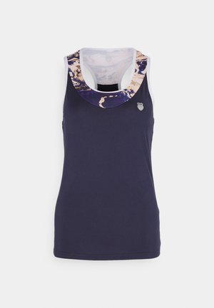 Donkerblauwe mouwloze sporttanktop met een gebogen, meerkleurige patroon kraag en een klein logo op de borst. Zacht materiaal, aansluitend ontwerp.