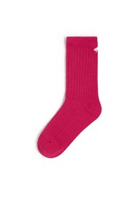 Rosa gerippte Socke mit Standardlänge, nahtlosem Zehenbereich und verstärktem Absatz. Hergestellt aus weichem Material für Komfort und Haltbarkeit.