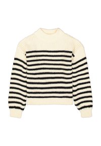 White knitted sweater with black horizontal stripes. Features a ribbed mock neck and cuffs, with a chunky texture and slightly cropped fit.