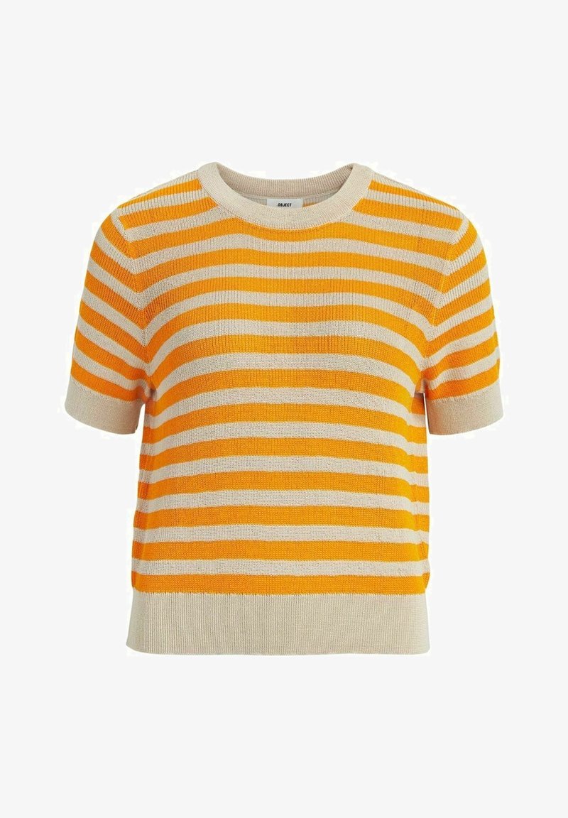 Suéter de punto de manga corta con rayas horizontales en naranja y crema, cuello redondo y dobladillo y puños acanalados. Fabricado en un tejido suave.