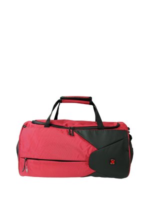 Red and black duffel bag with multiple zippered compartments and black handles, shown against a white background.