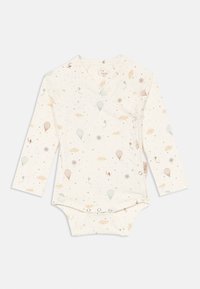 Béžov bodysuit za dojenčke z dolgimi rokavi in stranskimi pritiski, okrašen z vzorcem pastelnih balonov, zmajev, zvezd, oblakov in lune.