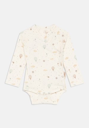 Body bébé à manches longues couleur crème avec des pressions sur le côté, décoré d'un motif de montgolfières pastel, de cerfs-volants, d'étoiles, de nuages et de lunes.