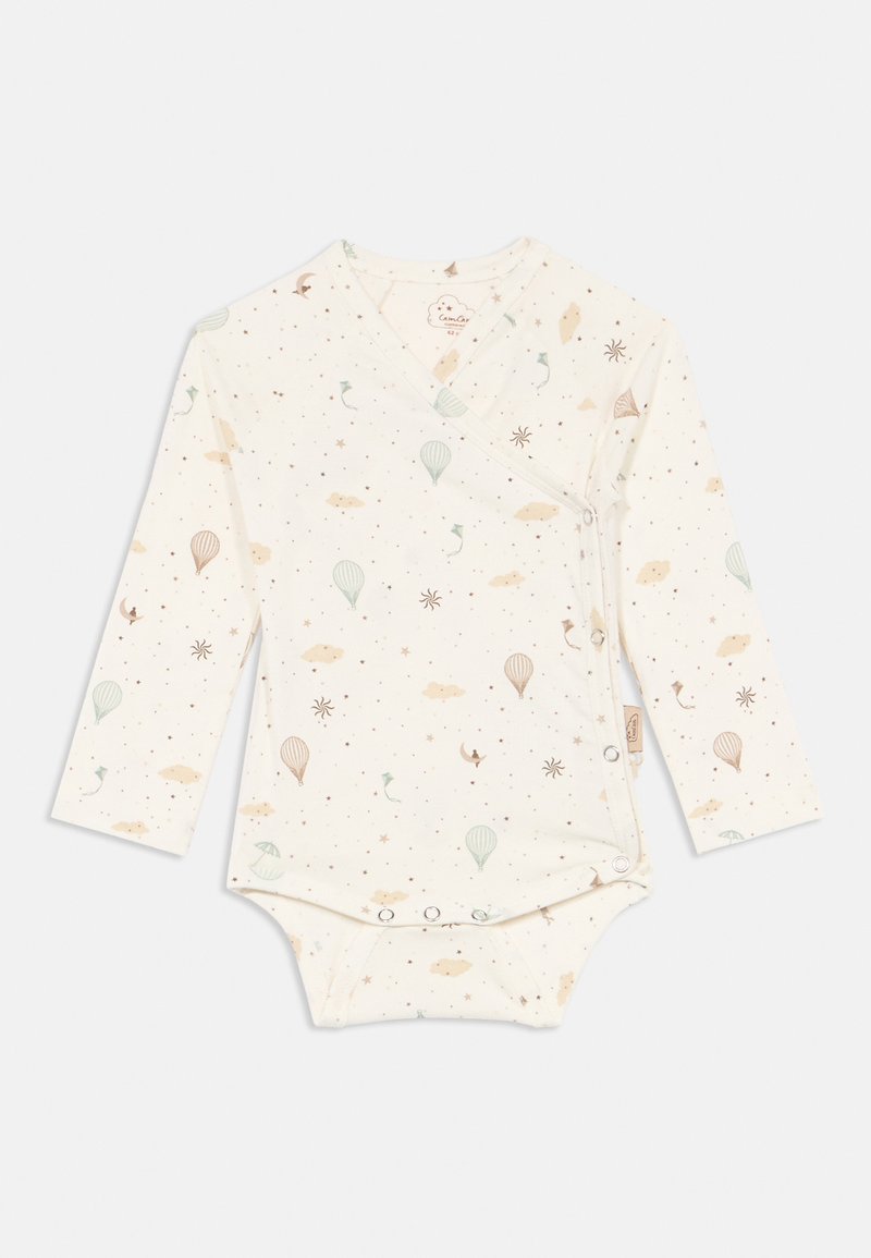 Béžov bodysuit za dojenčke z dolgimi rokavi in stranskimi pritiski, okrašen z vzorcem pastelnih balonov, zmajev, zvezd, oblakov in lune.