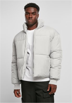 Light gray puffer jacket with a high collar, zip-up front, and ribbed cuffs. Textured fabric with quilted sections for warmth and style.