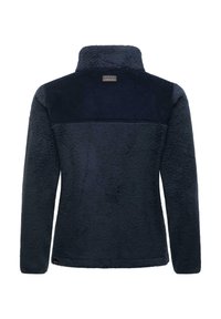 Pullover in pile blu navy con colletto alto. Materiale texturizzato con pannello superiore liscio, dotato di un'etichetta vicino al colletto. Tessuto morbido.