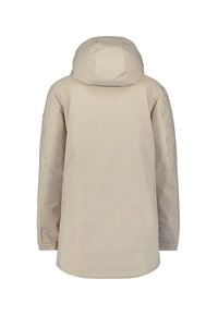 Beige waterdichte jas met een capuchon, met een gladde textuur, lange mouwen en een rechte snit; geen zichtbare hardware of patronen.