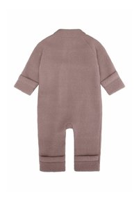 Cjeloviti kombinezon od flisa u ružičasto-smeđoj boji, s podvrnutim rukavima, okruglim ovratnikom i zatvaranjem na kopče na dnu za lak pristup.