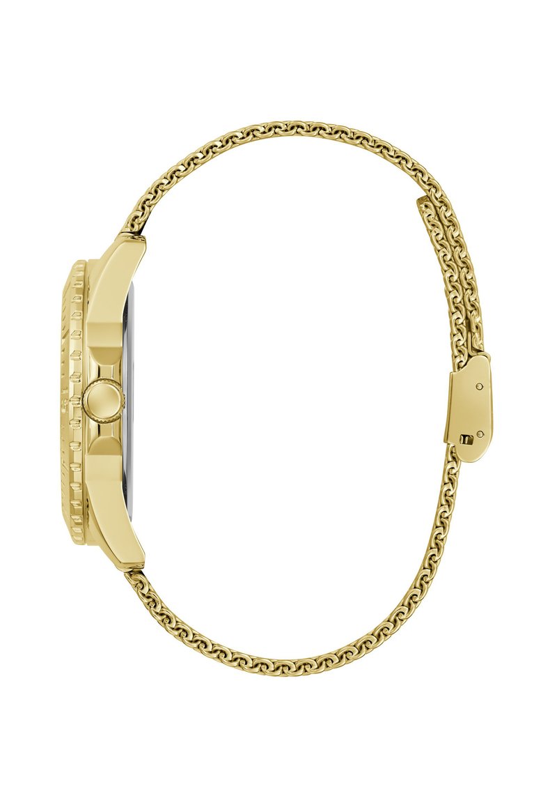 Orologio da polso dorato con lunetta testurizzata, quadrante rotondo nero e bracciale a catena. Include una chiusura regolabile e una superficie liscia.