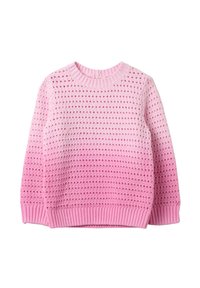 Rosa gestrickter Pullover mit einem strukturierten, offenen Muster, geripptem Ausschnitt, Bündchen und Saum; Farbverlauf von hell- zu dunkelrosa.