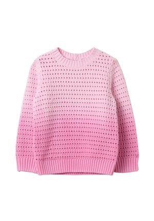Pink knitted sweater featuring a textured open weave pattern, ribbed neckline, cuffs, and hem; color gradient from light to dark pink.