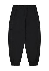 Zwarte joggerbroeken met een elastische tailleband, elastische boorden, zijzakken en contrasterende stiksels. Gemaakt van een gladde, lichte stof.