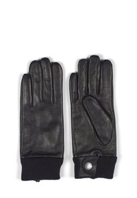 Guanti in pelle nera con cinque dita, polsini a costine neri e dettaglio a bottone a pressione sul polso. Texture liscia sulla pelle.